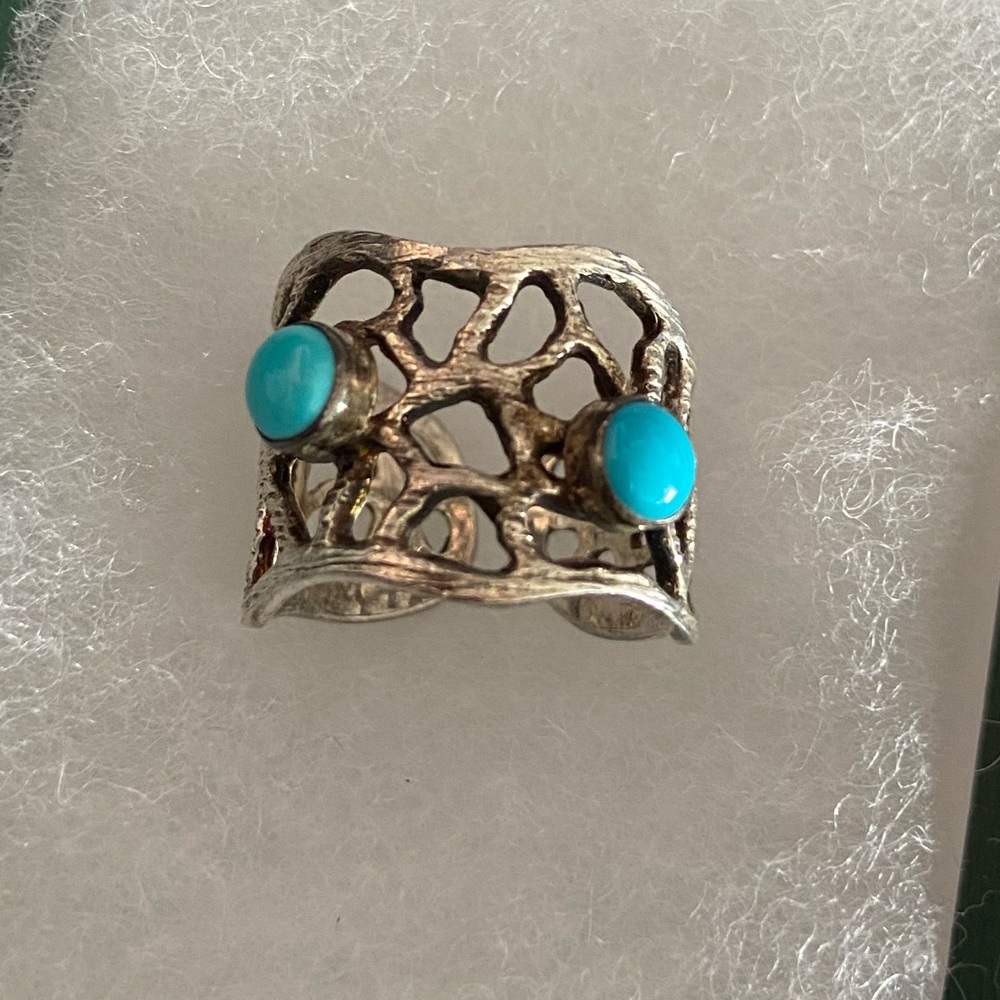 Silver and Blue Filigree Ring with Turquoise Accents